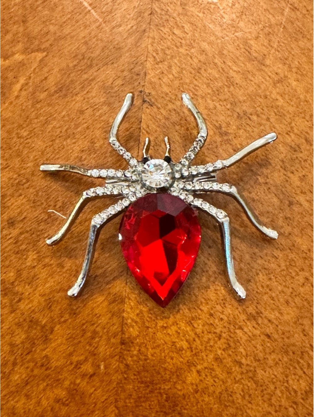 Vintage Style Spider Brooch with Red and Clear Rhinestones 647